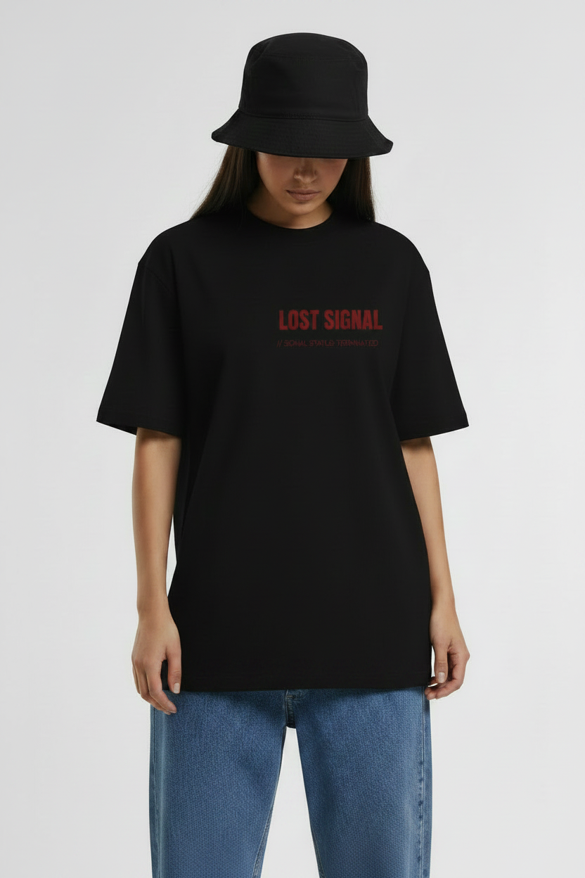 Female Front - Lost Signal Oversized Black Tee Fixed